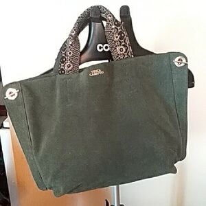 Vince Camuto Dark Green Satchell with Patterned Handles Suede Leather